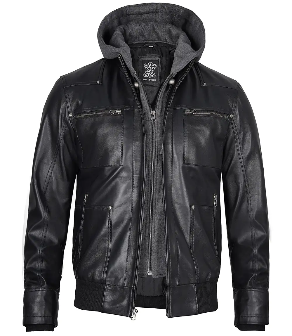 Men's Black Leather Jacket With Removable Hood