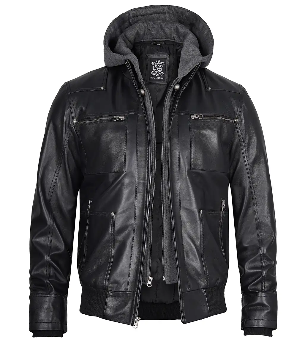 Men's Black Leather Jacket With Removable Hood