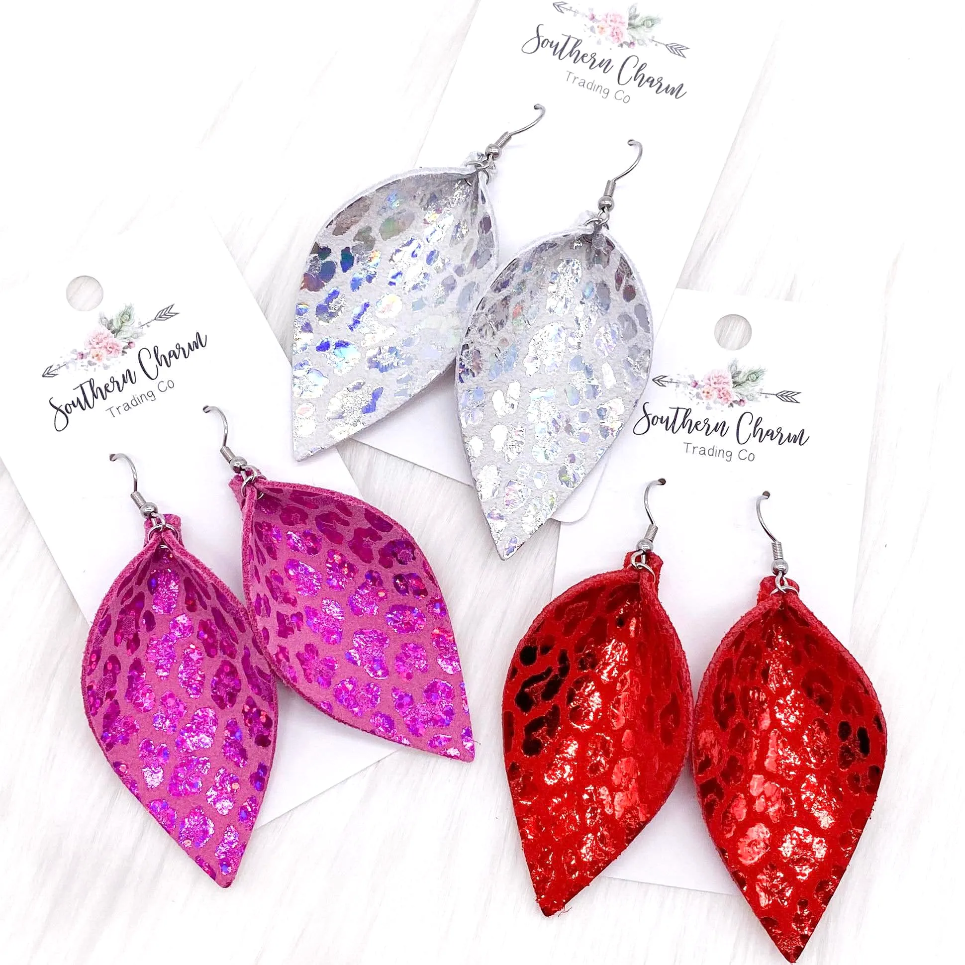 Metallic Leopard Petal Earrings- Hot Pink