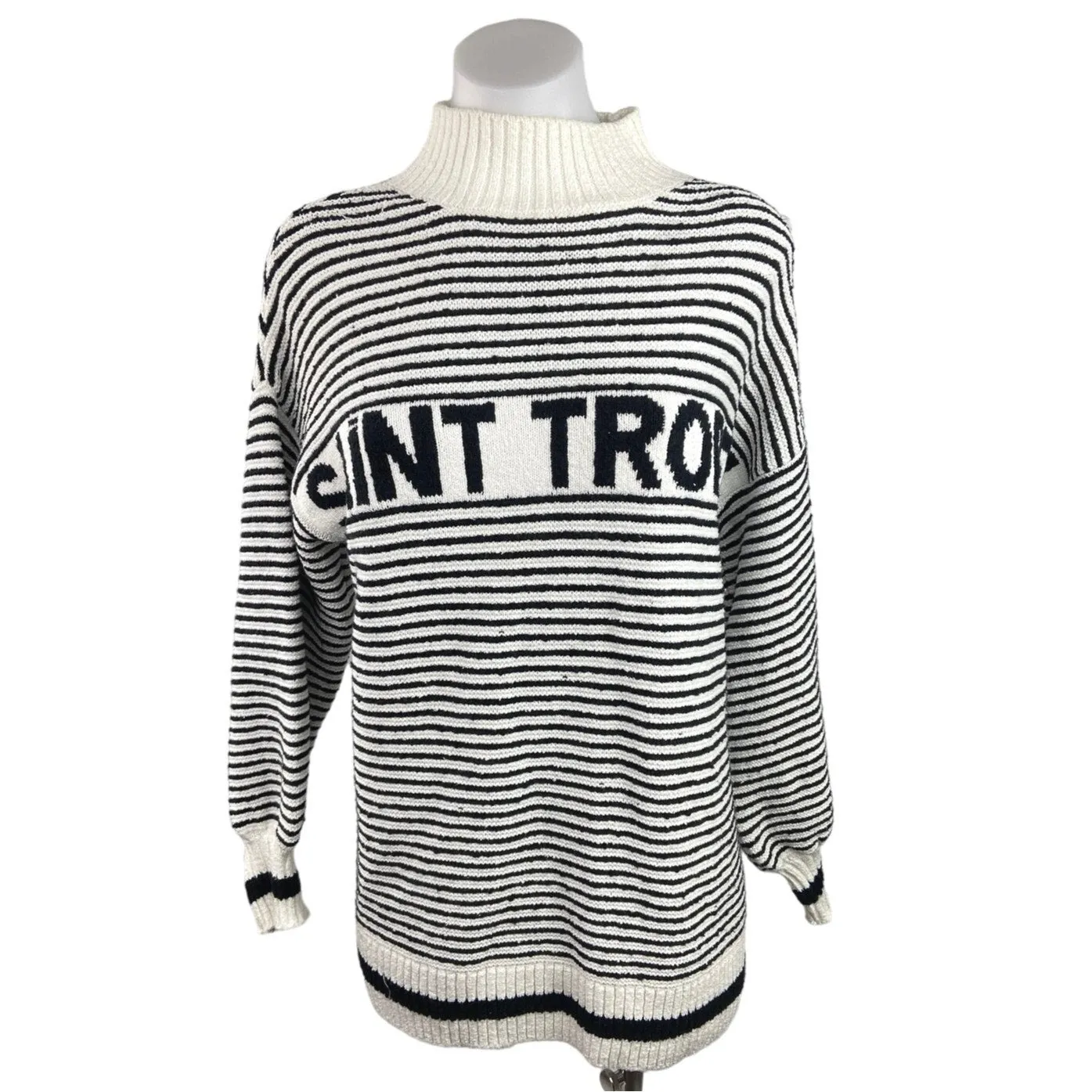 MNG Black White Striped Saint Tropez Turtleneck Oversized Sweater Top Size XS