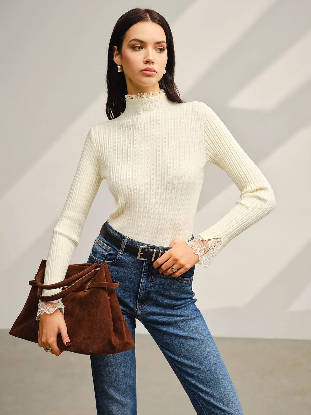 Mock Neck Lace Trim Slim Sweater