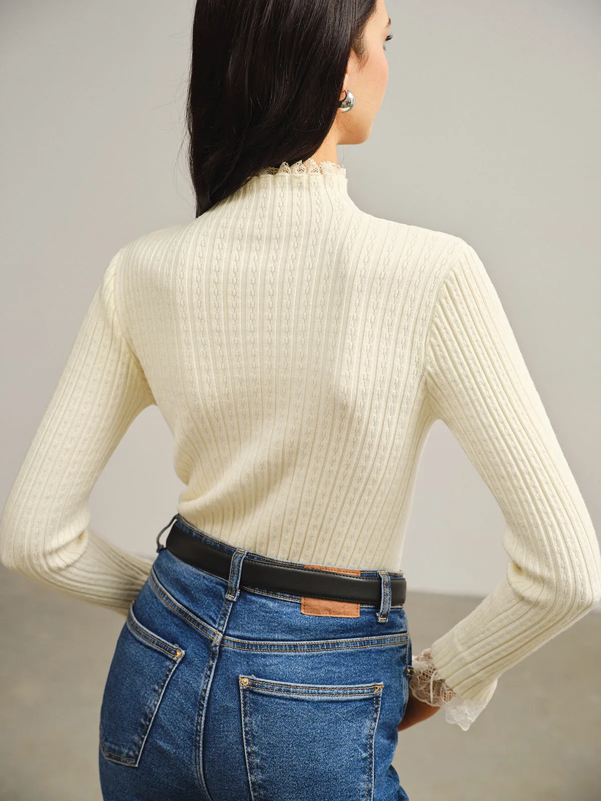 Mock Neck Lace Trim Slim Sweater