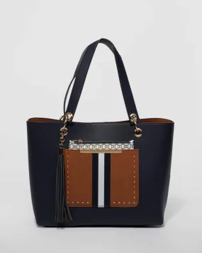 Navy Blue Tia Large Stud Tote Bag