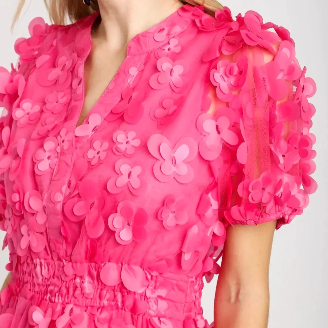 Organza Split Neck Dress - Hot Pink