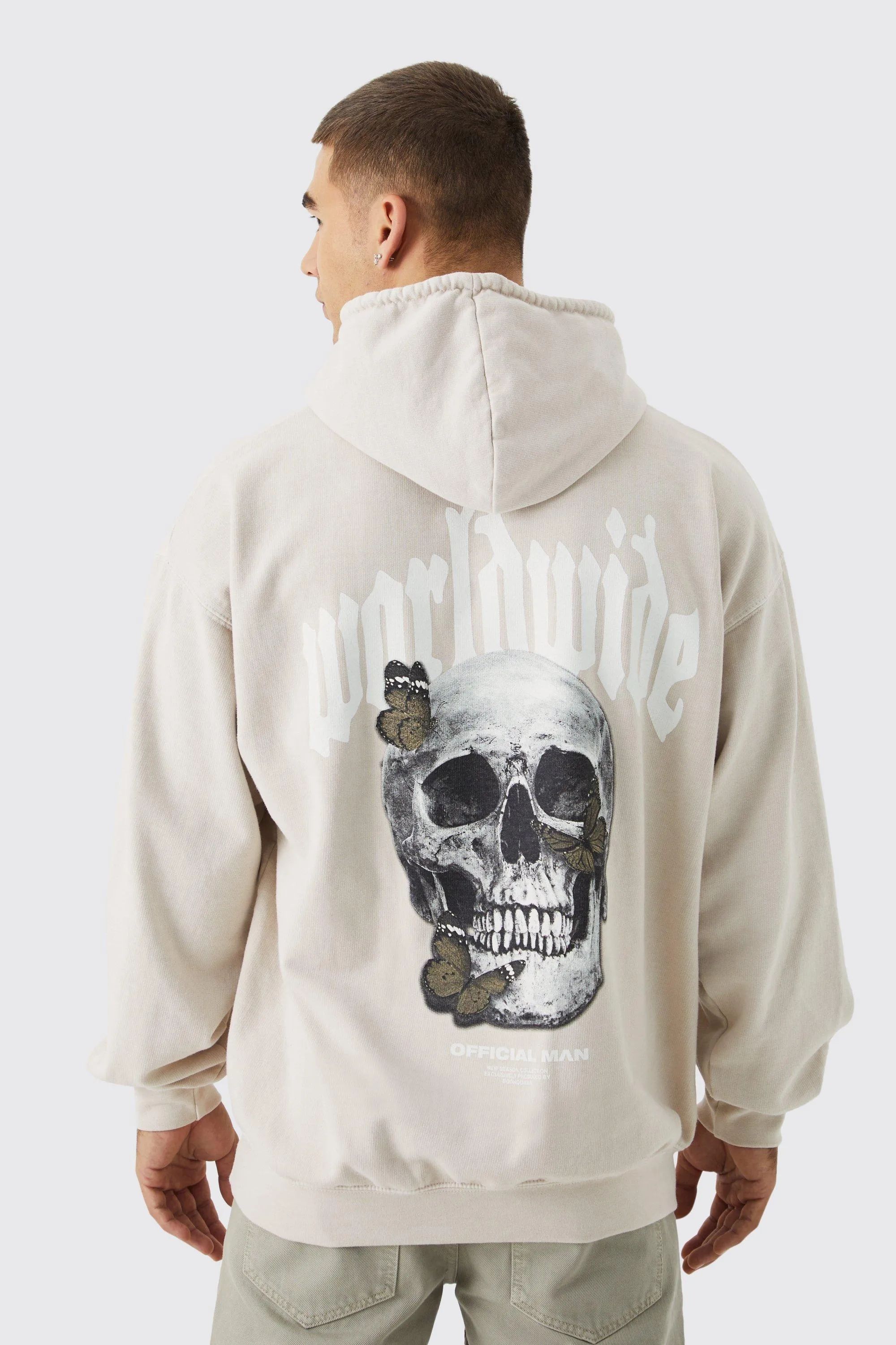 Oversized Washed Butterfly Skull Hoodie | boohooMAN UK