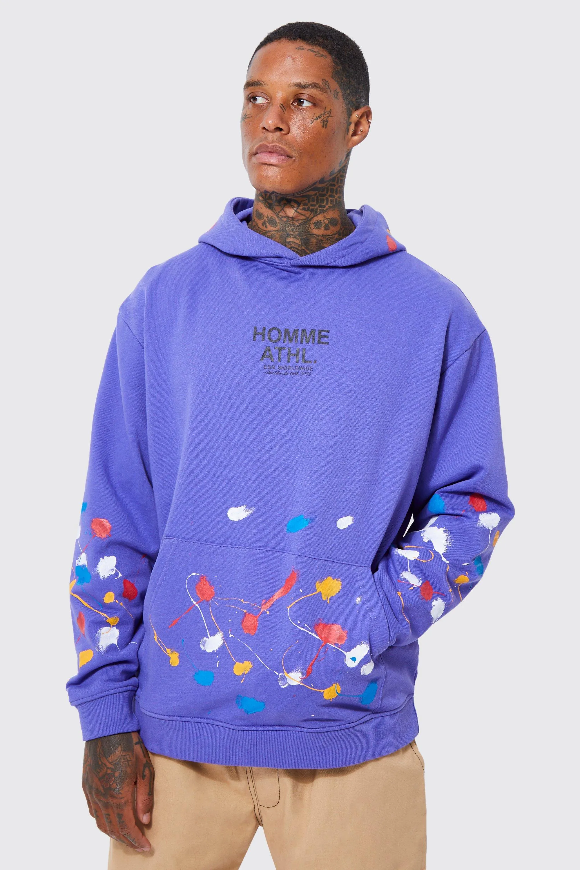 Oversized Washed Paint Splatter Hoodie | boohooMAN UK