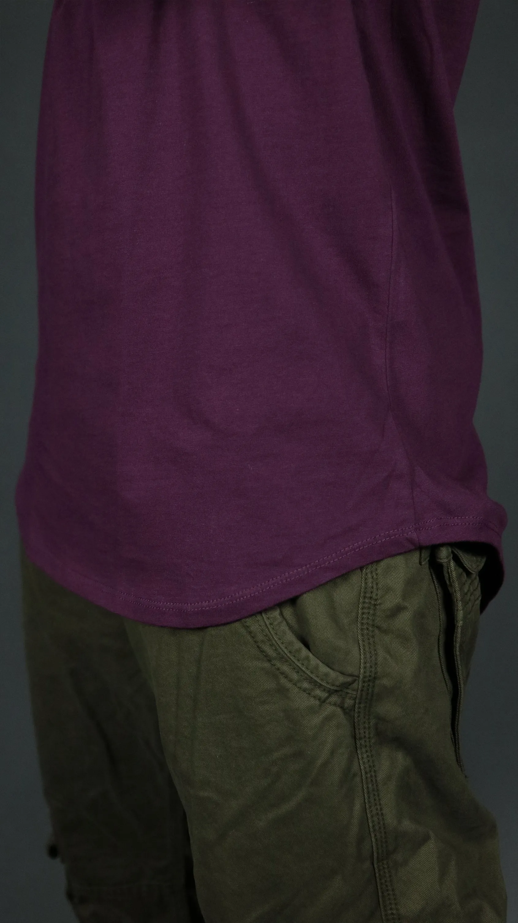 Plum Longline Curved Hem T Shirt for Men | Purple Drop Cut Shirt | Jordan Craig