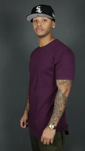 Plum Longline Curved Hem T Shirt for Men | Purple Drop Cut Shirt | Jordan Craig