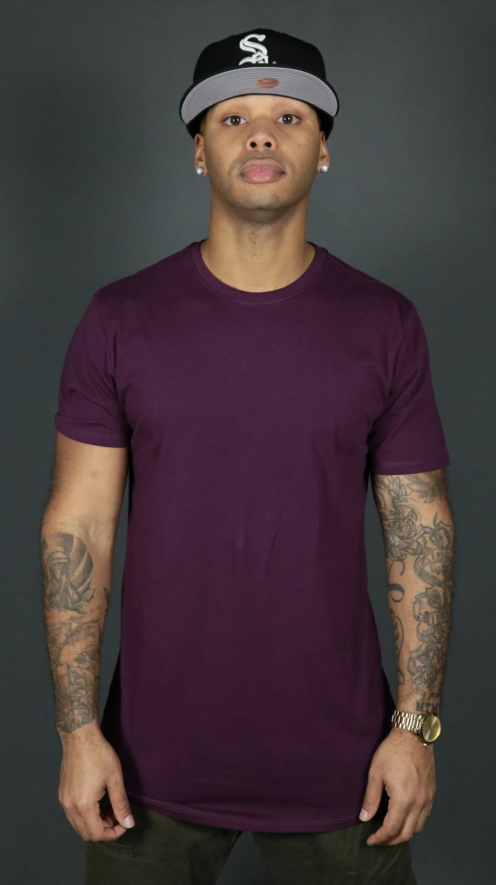 Plum Longline Curved Hem T Shirt for Men | Purple Drop Cut Shirt | Jordan Craig