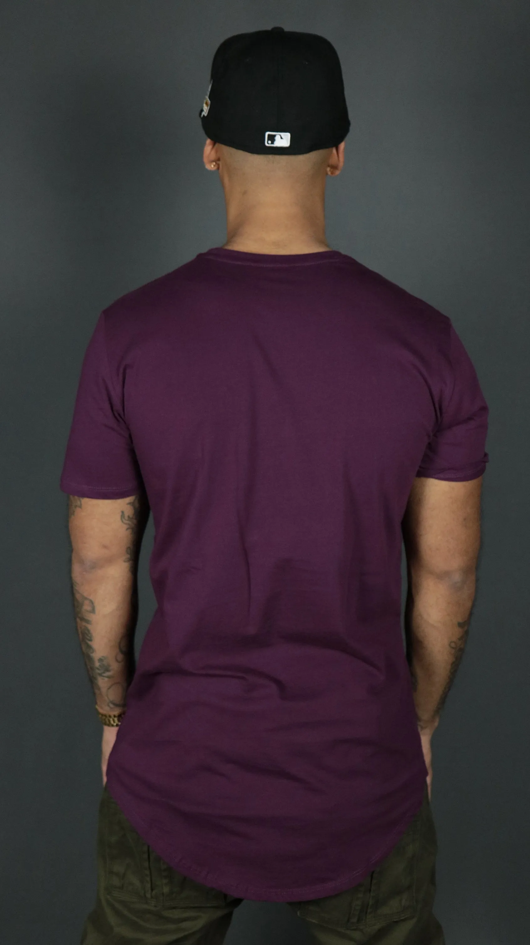 Plum Longline Curved Hem T Shirt for Men | Purple Drop Cut Shirt | Jordan Craig