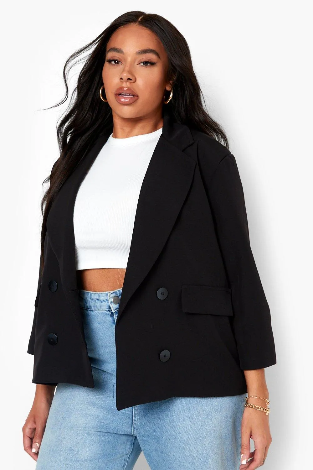 Plus Double Breast Longline Cropped Blazer