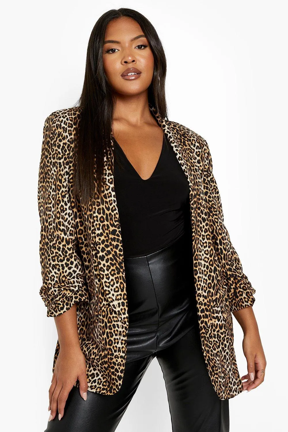 Plus Leopard Ruched Sleeve Blazer