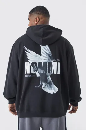 Plus Oversized Homme Dove Back Print Graphic Hoodie