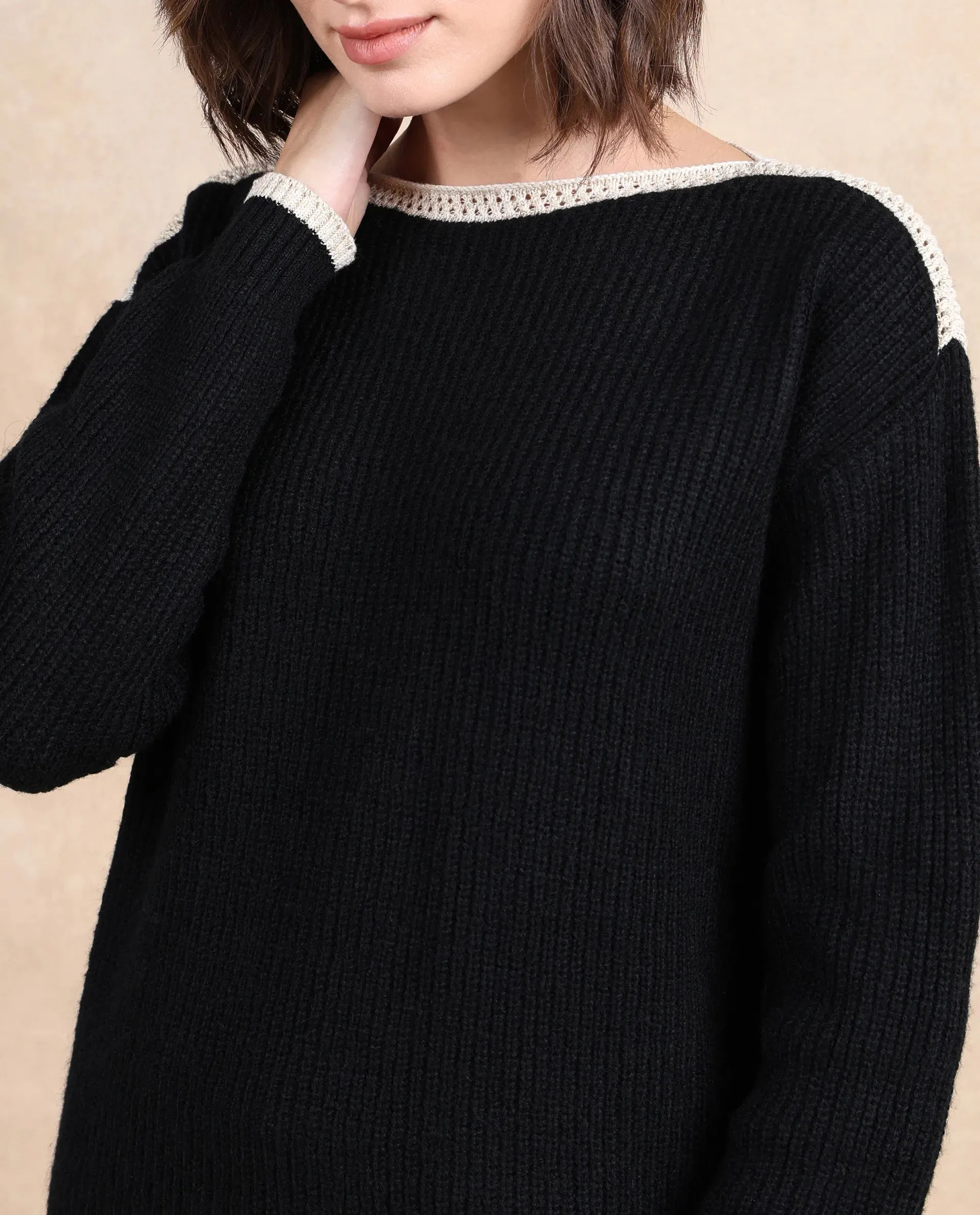 Rareism Women Astrophel Black Relaxed Fit Plain Sweater