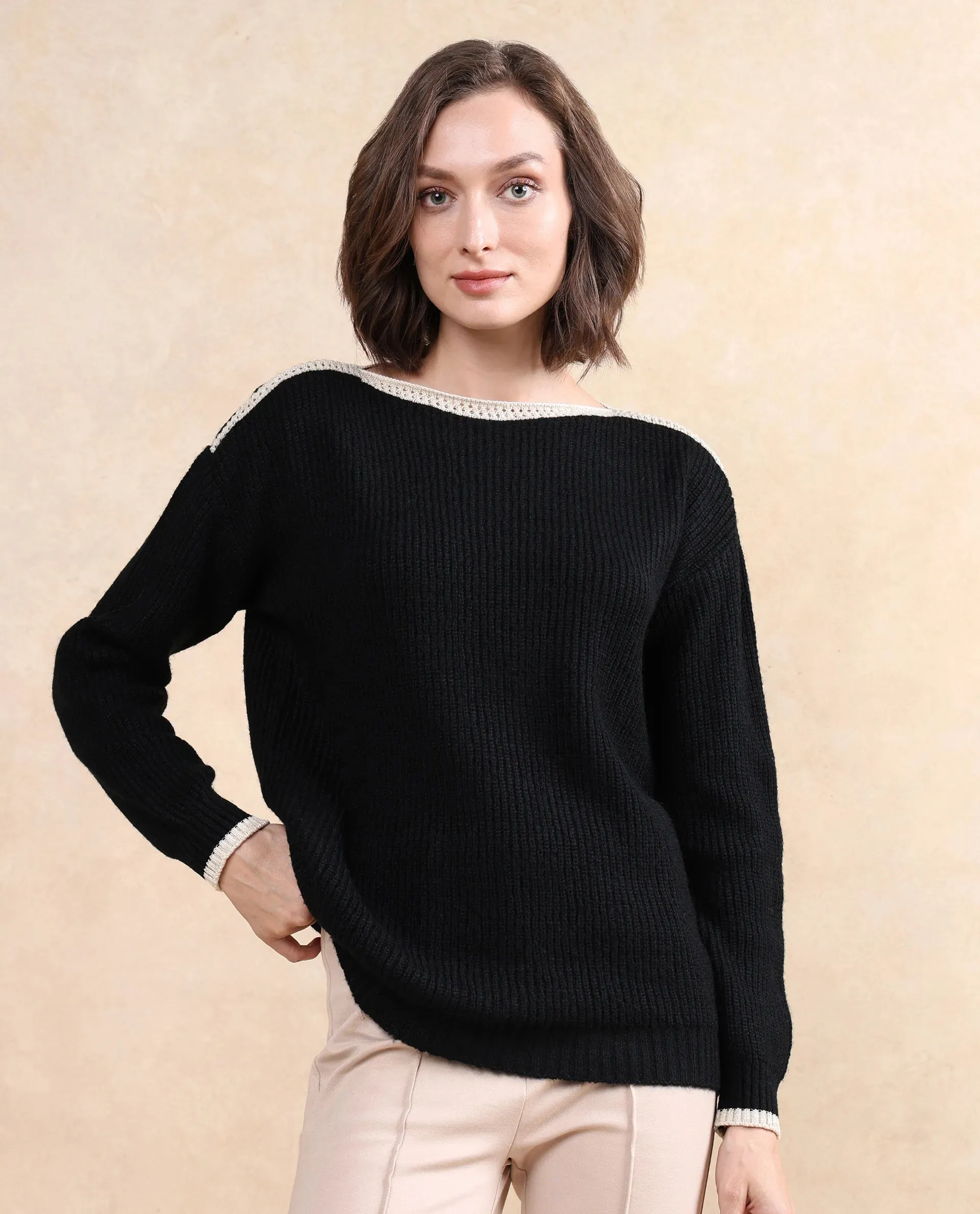 Rareism Women Astrophel Black Relaxed Fit Plain Sweater