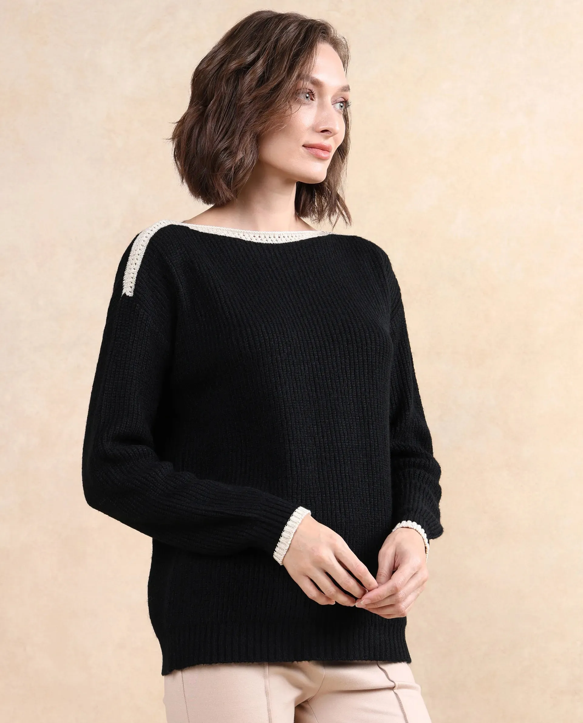 Rareism Women Astrophel Black Relaxed Fit Plain Sweater