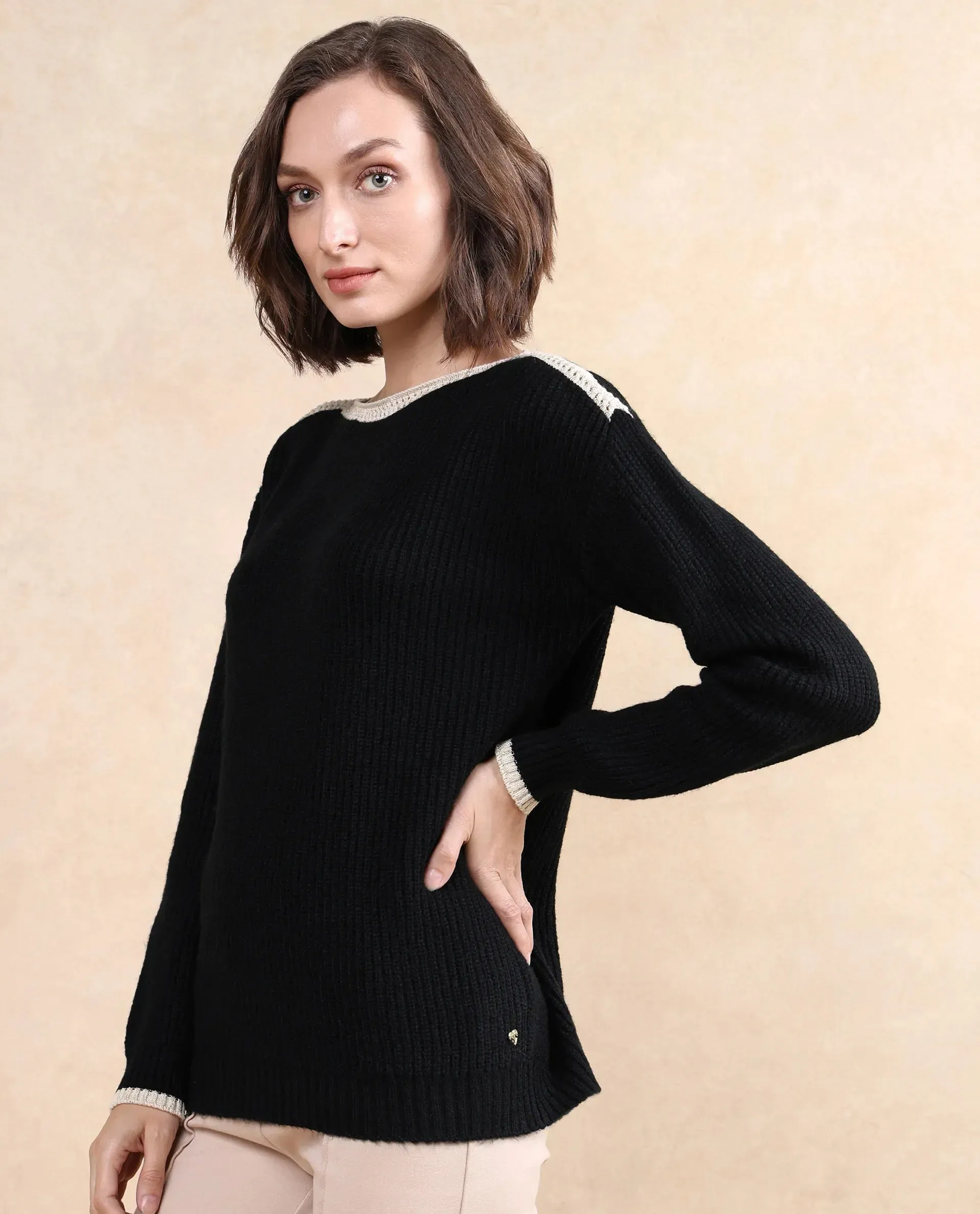 Rareism Women Astrophel Black Relaxed Fit Plain Sweater