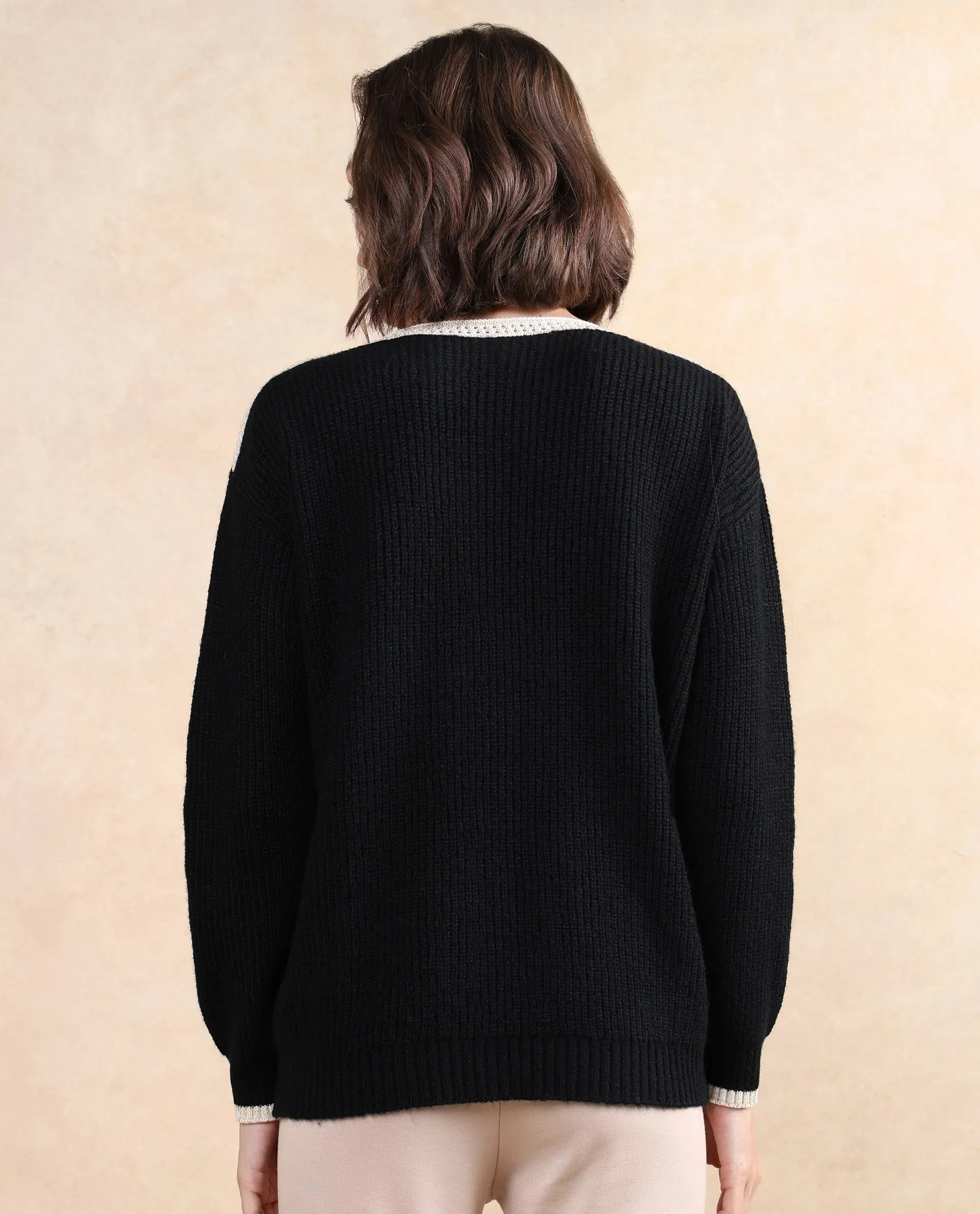 Rareism Women Astrophel Black Relaxed Fit Plain Sweater