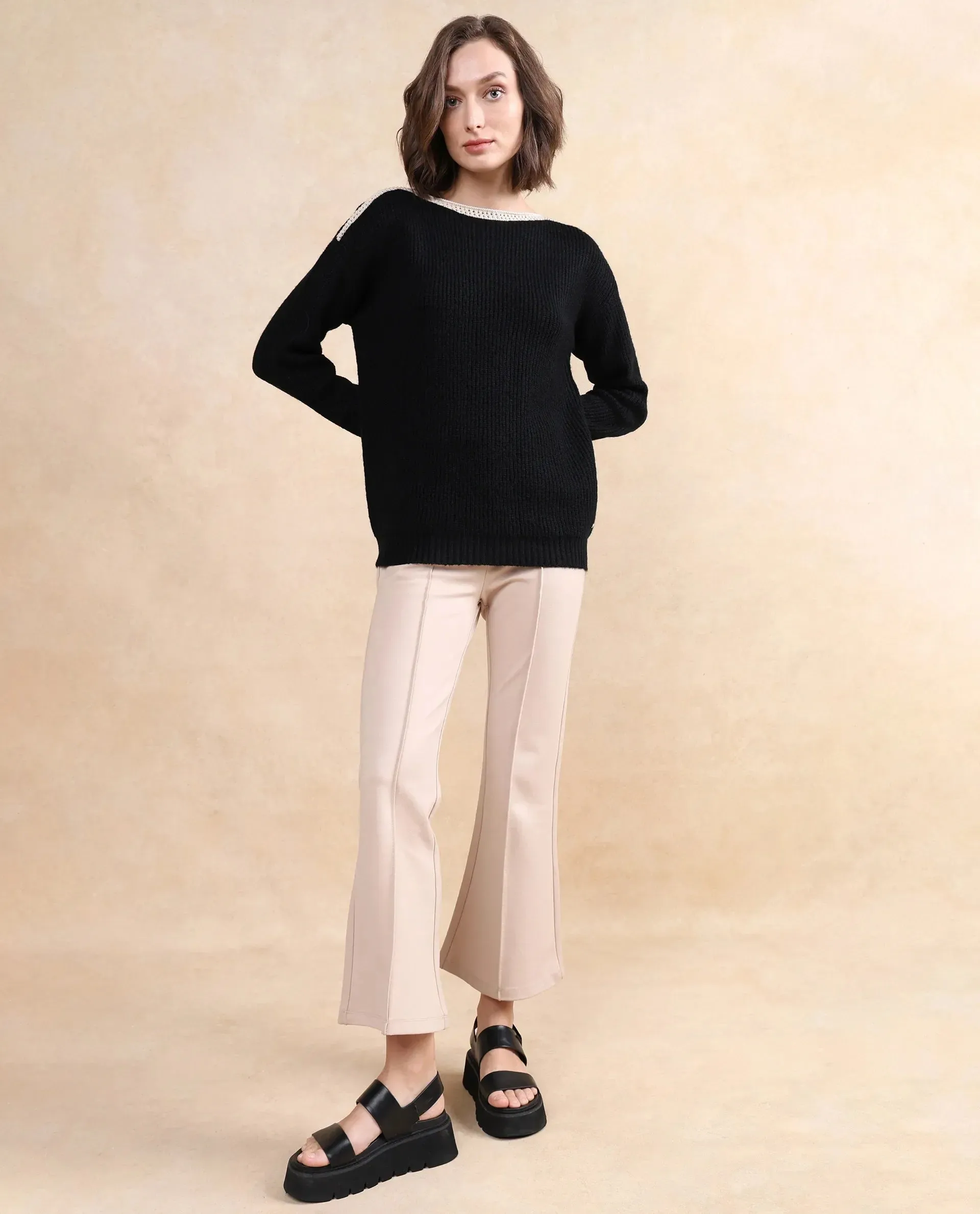 Rareism Women Astrophel Black Relaxed Fit Plain Sweater