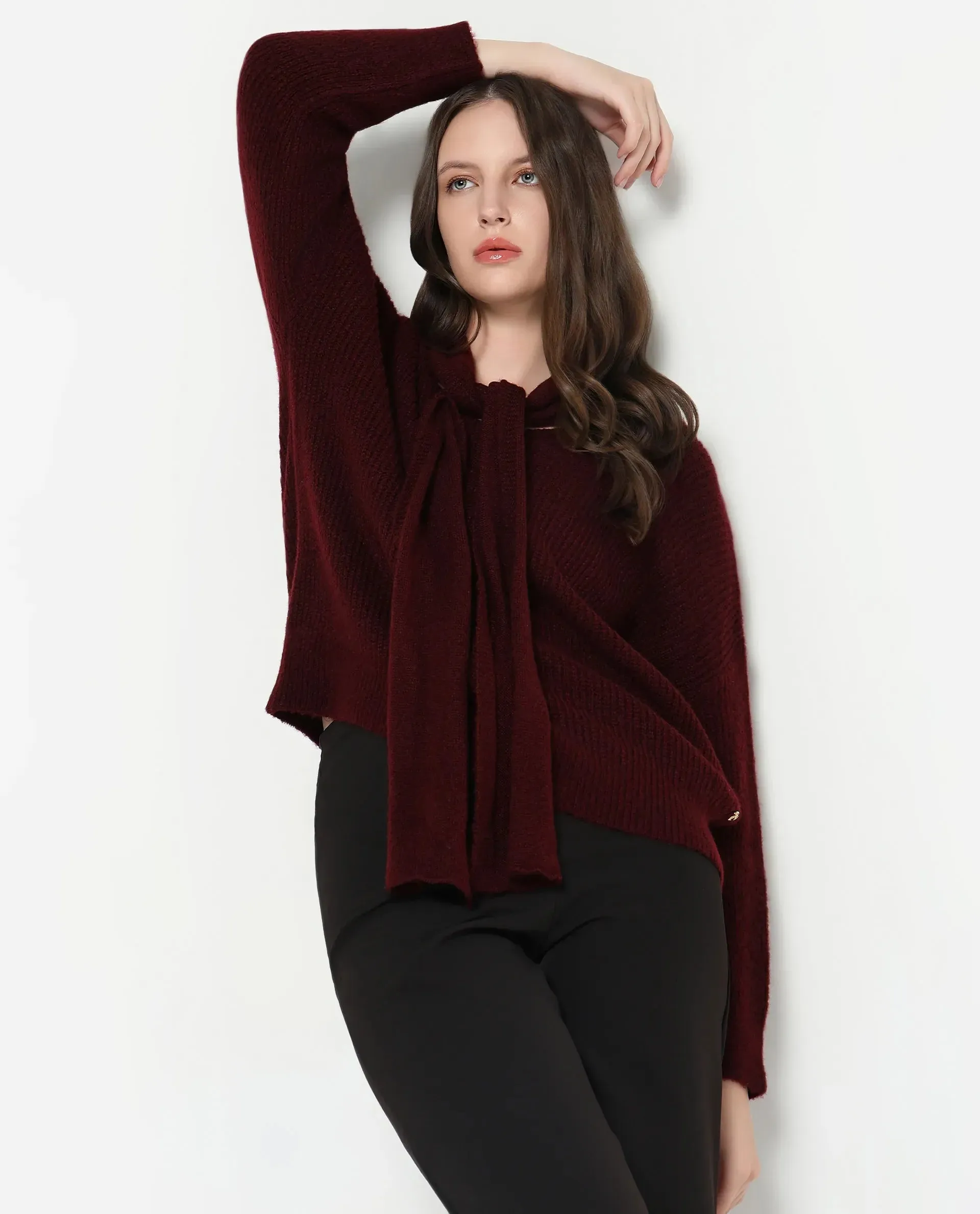 Rareism Women Buzz Maroon Acrylic Nylon Fabric Oversized Fit Plain Sweater