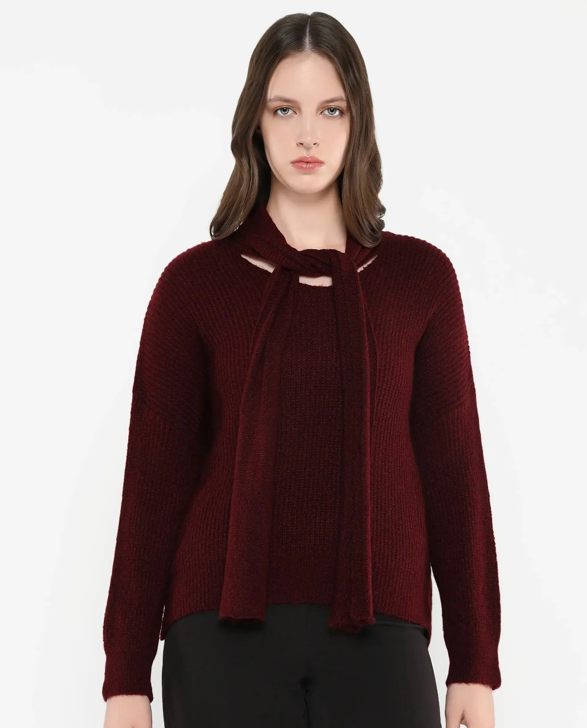 Rareism Women Buzz Maroon Acrylic Nylon Fabric Oversized Fit Plain Sweater