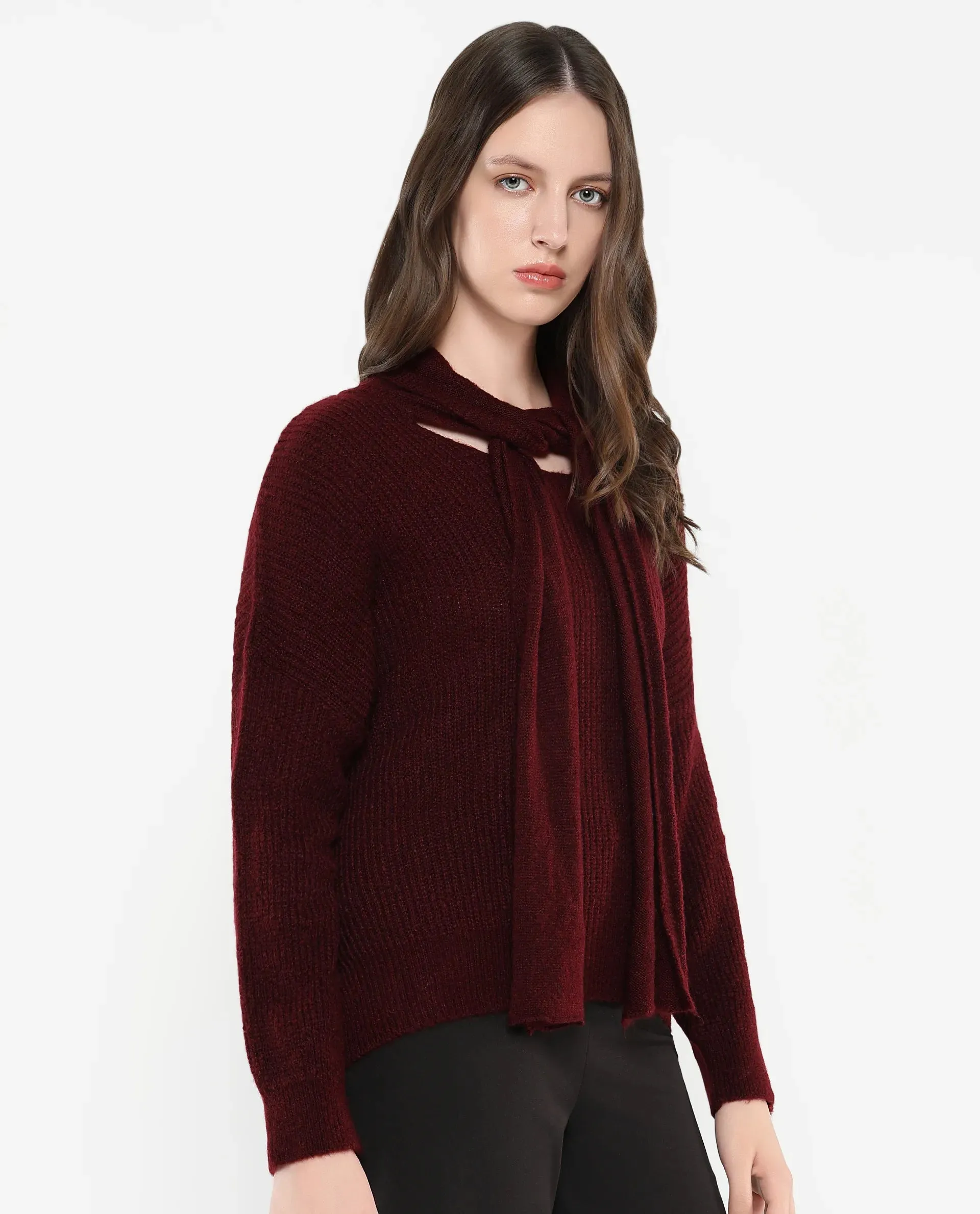 Rareism Women Buzz Maroon Acrylic Nylon Fabric Oversized Fit Plain Sweater