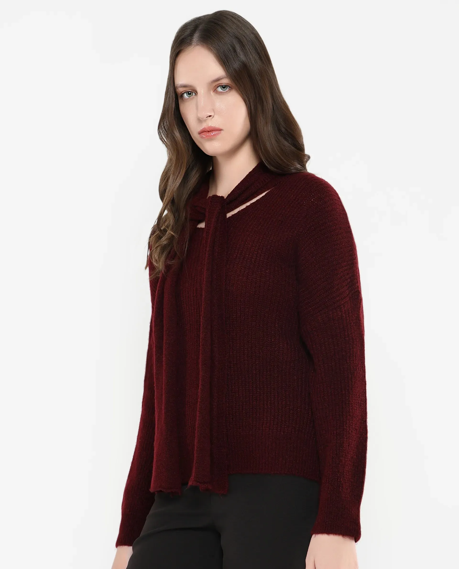 Rareism Women Buzz Maroon Acrylic Nylon Fabric Oversized Fit Plain Sweater