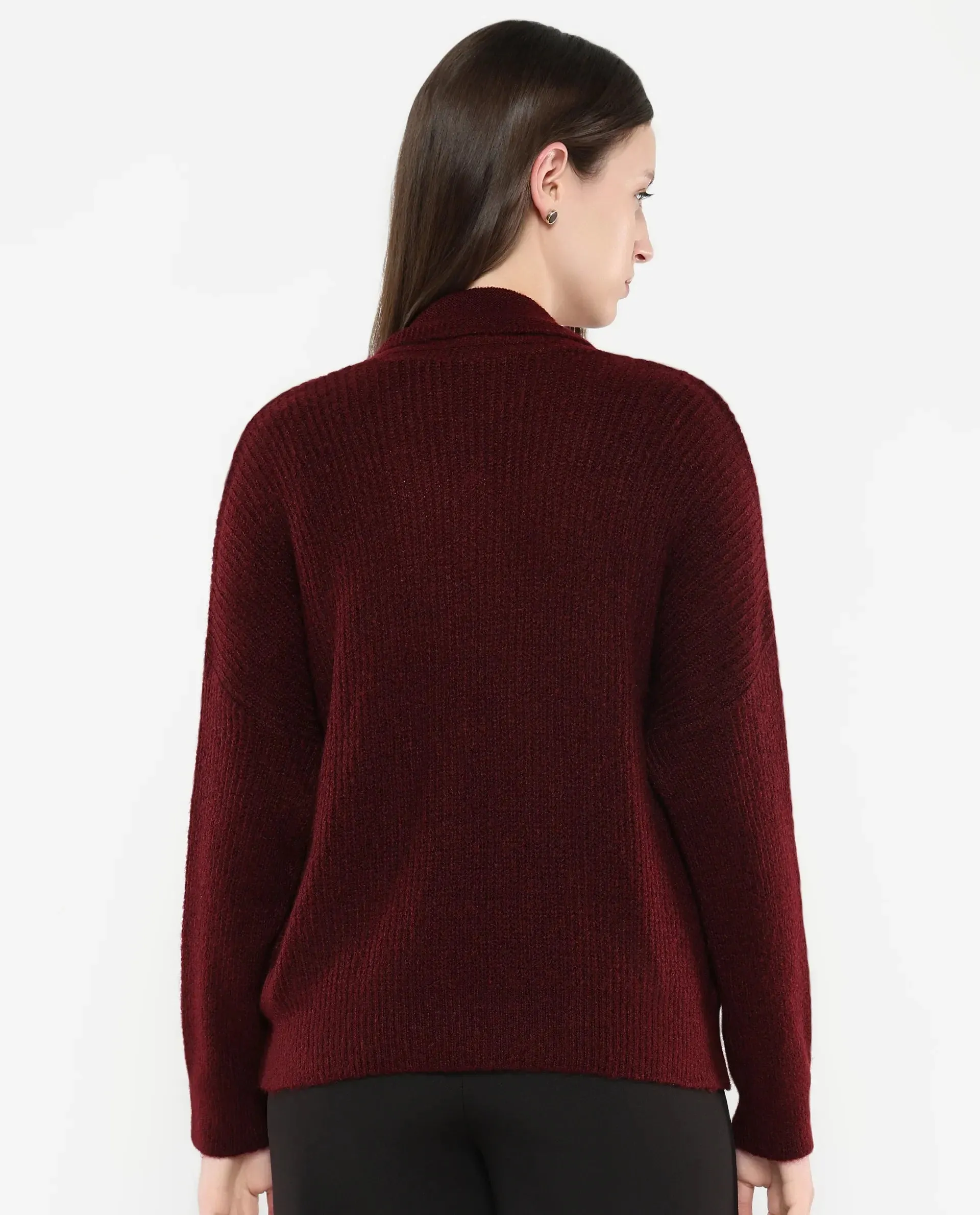 Rareism Women Buzz Maroon Acrylic Nylon Fabric Oversized Fit Plain Sweater