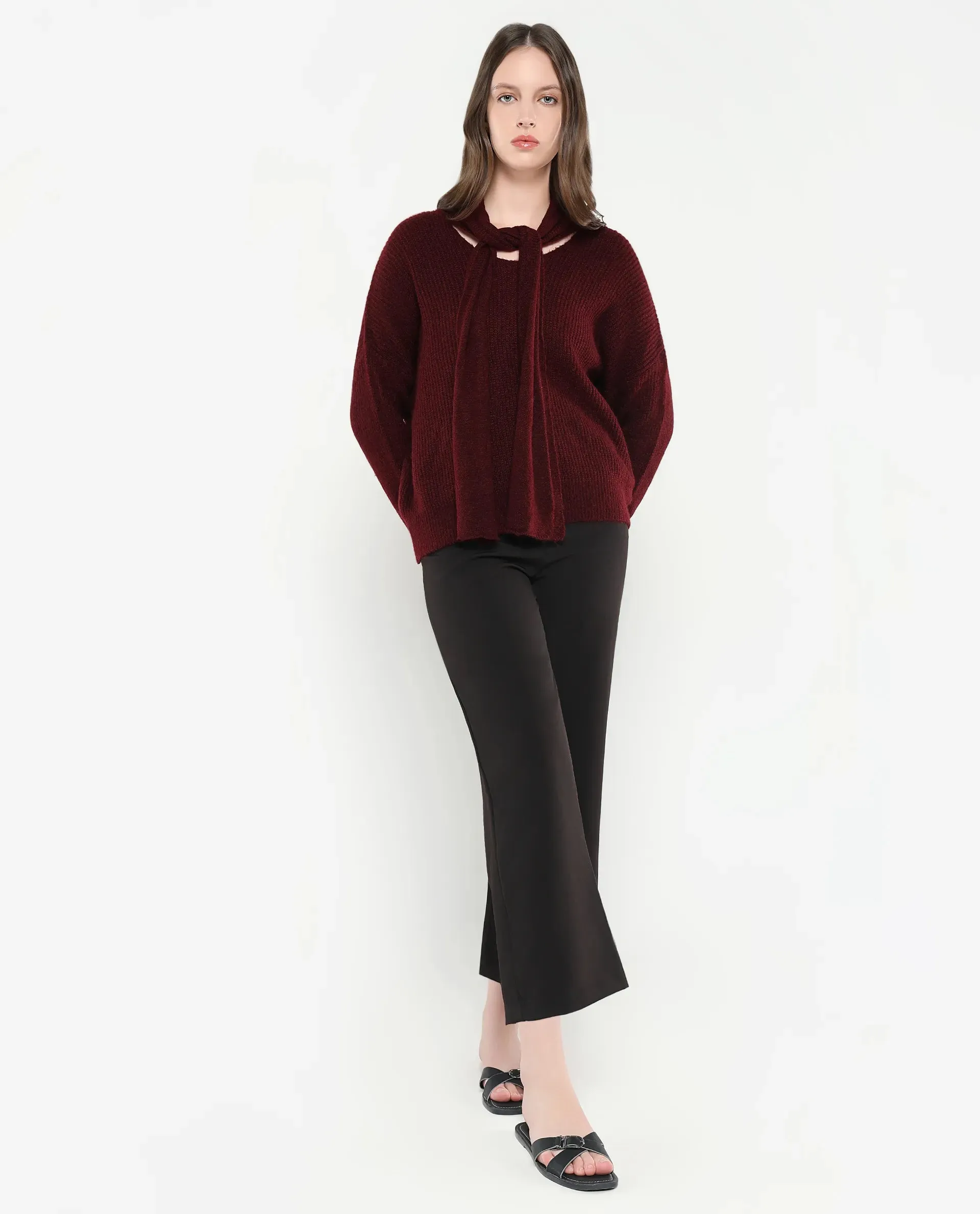 Rareism Women Buzz Maroon Acrylic Nylon Fabric Oversized Fit Plain Sweater