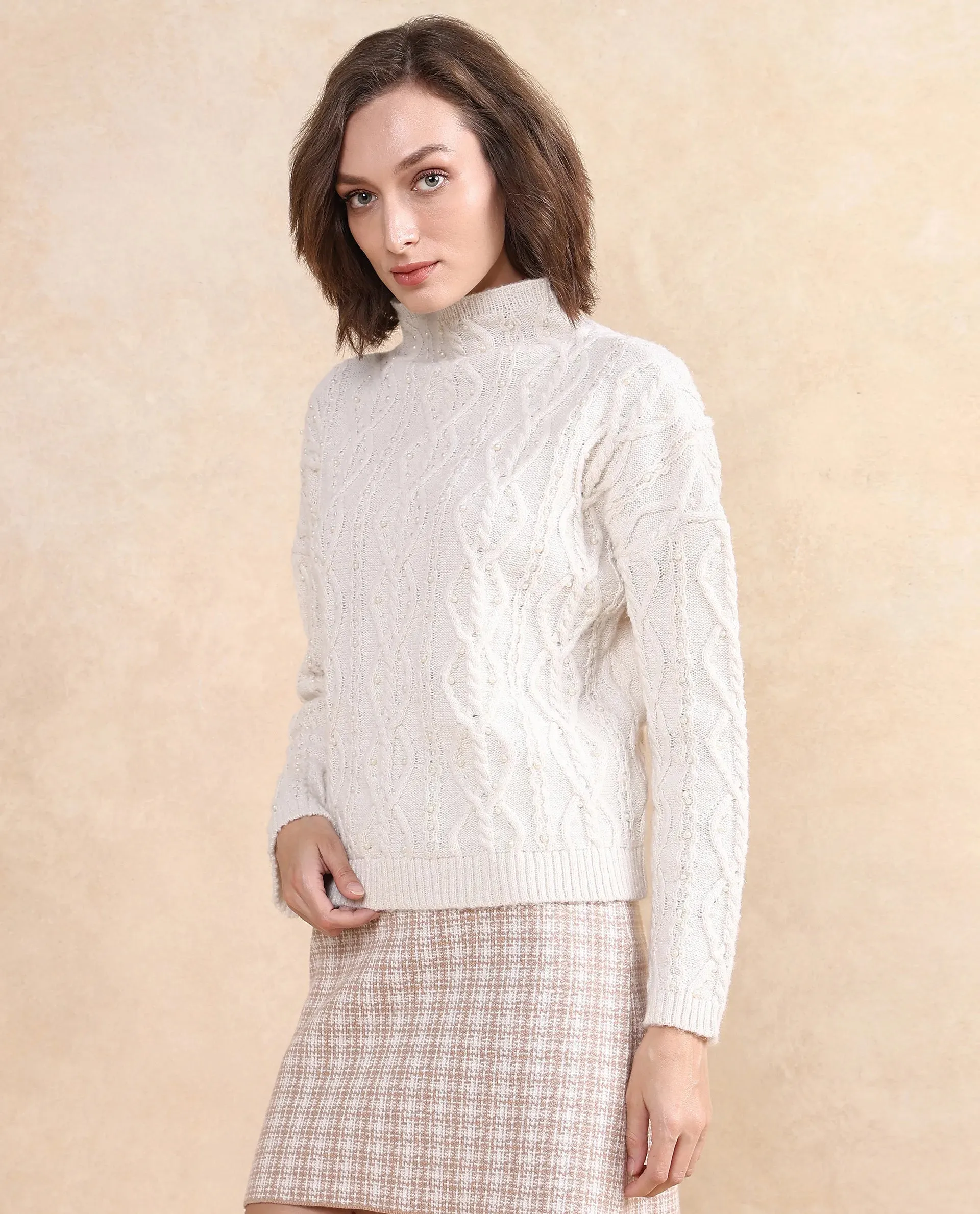 Rareism Women Osmaniye Off White Plain Sweater