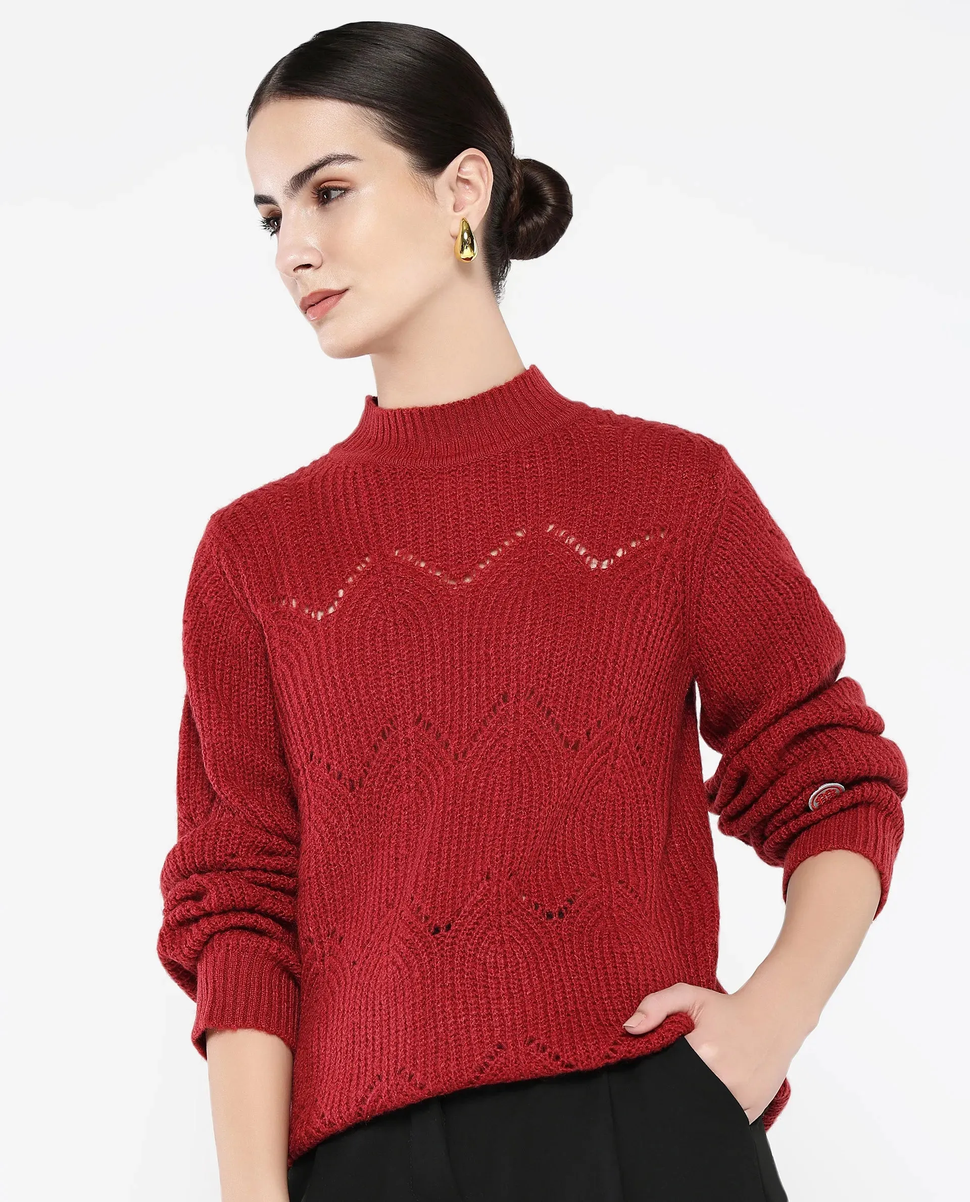 Rareism Women Pandora Maroon Relaxed Fit Plain Sweater