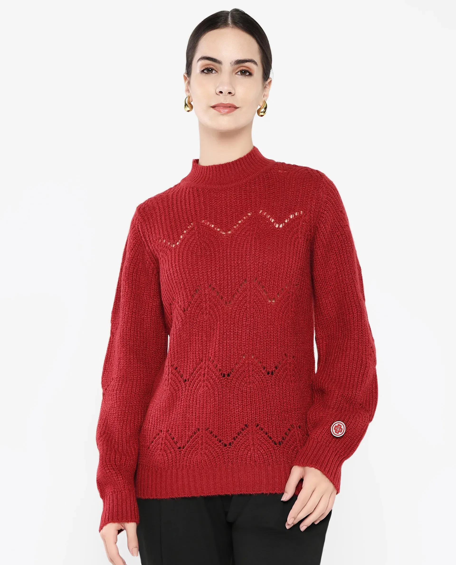 Rareism Women Pandora Maroon Relaxed Fit Plain Sweater