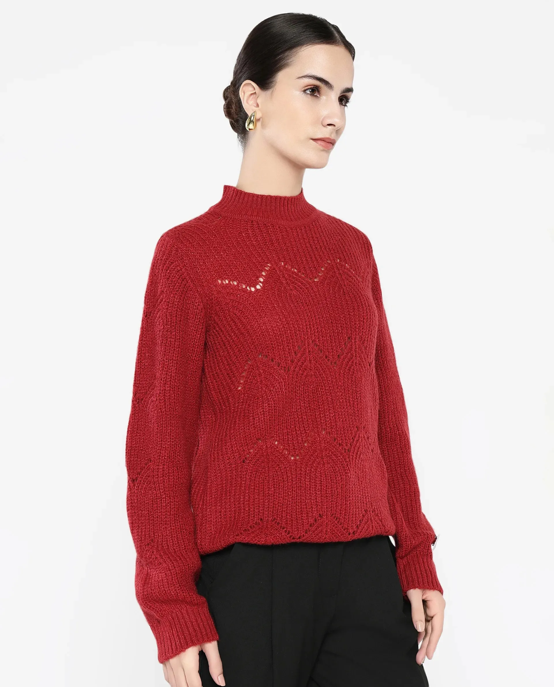 Rareism Women Pandora Maroon Relaxed Fit Plain Sweater