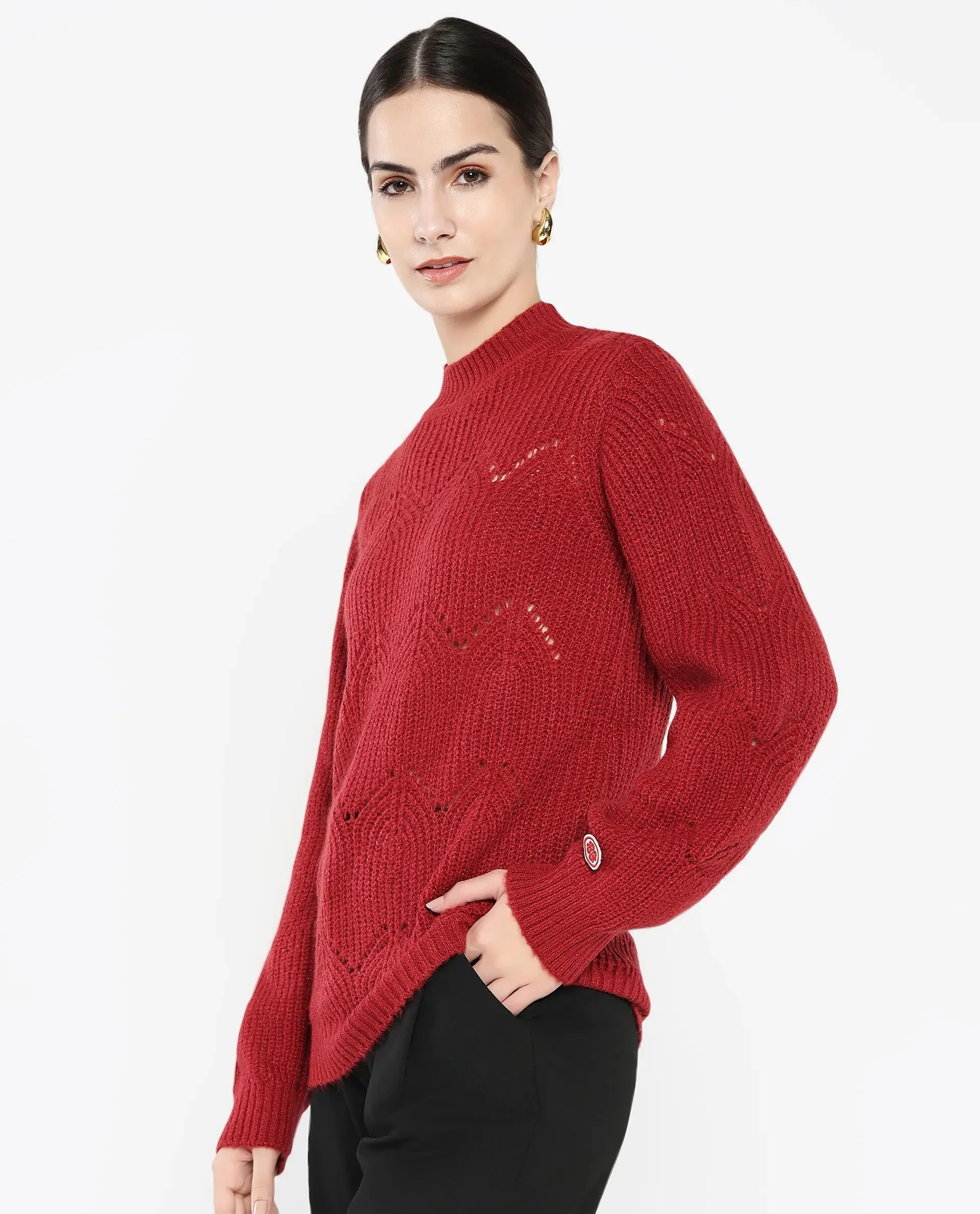 Rareism Women Pandora Maroon Relaxed Fit Plain Sweater