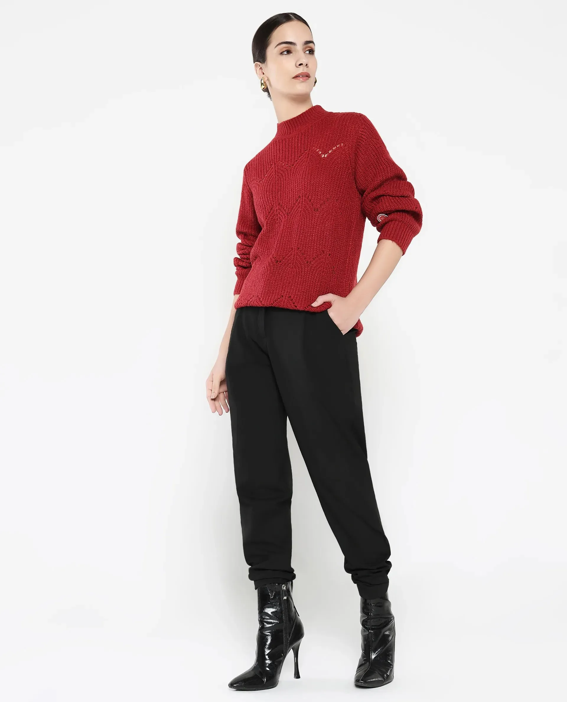 Rareism Women Pandora Maroon Relaxed Fit Plain Sweater