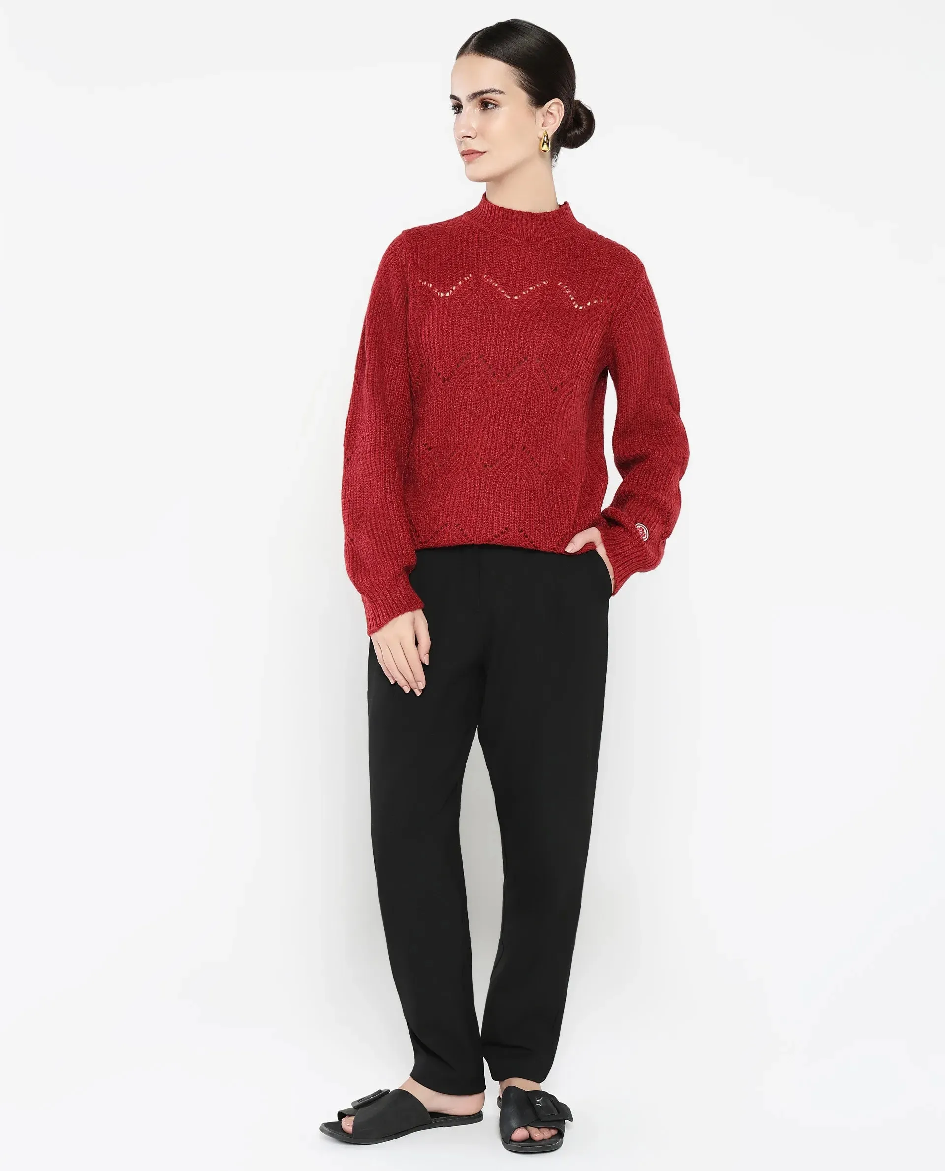 Rareism Women Pandora Maroon Relaxed Fit Plain Sweater