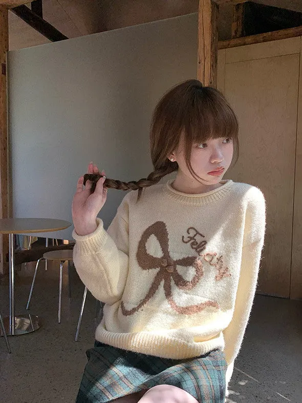 Ribbon Cute Crew-Neck Sweater Knit