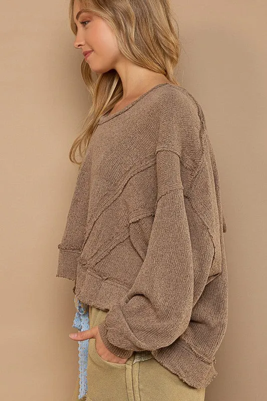 Round Neck Balloon Sleeve Hooded Knit Top