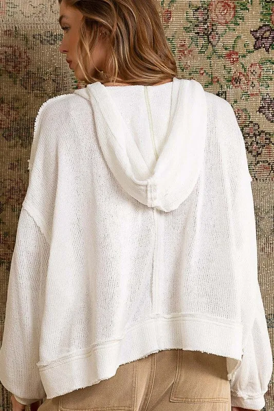 Round Neck Balloon Sleeve Hooded Knit Top