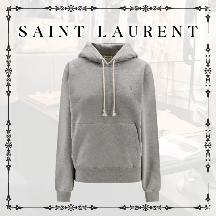 Saint Laurent  |Long Sleeves Plain Cotton Logo Hoodies & Sweatshirts