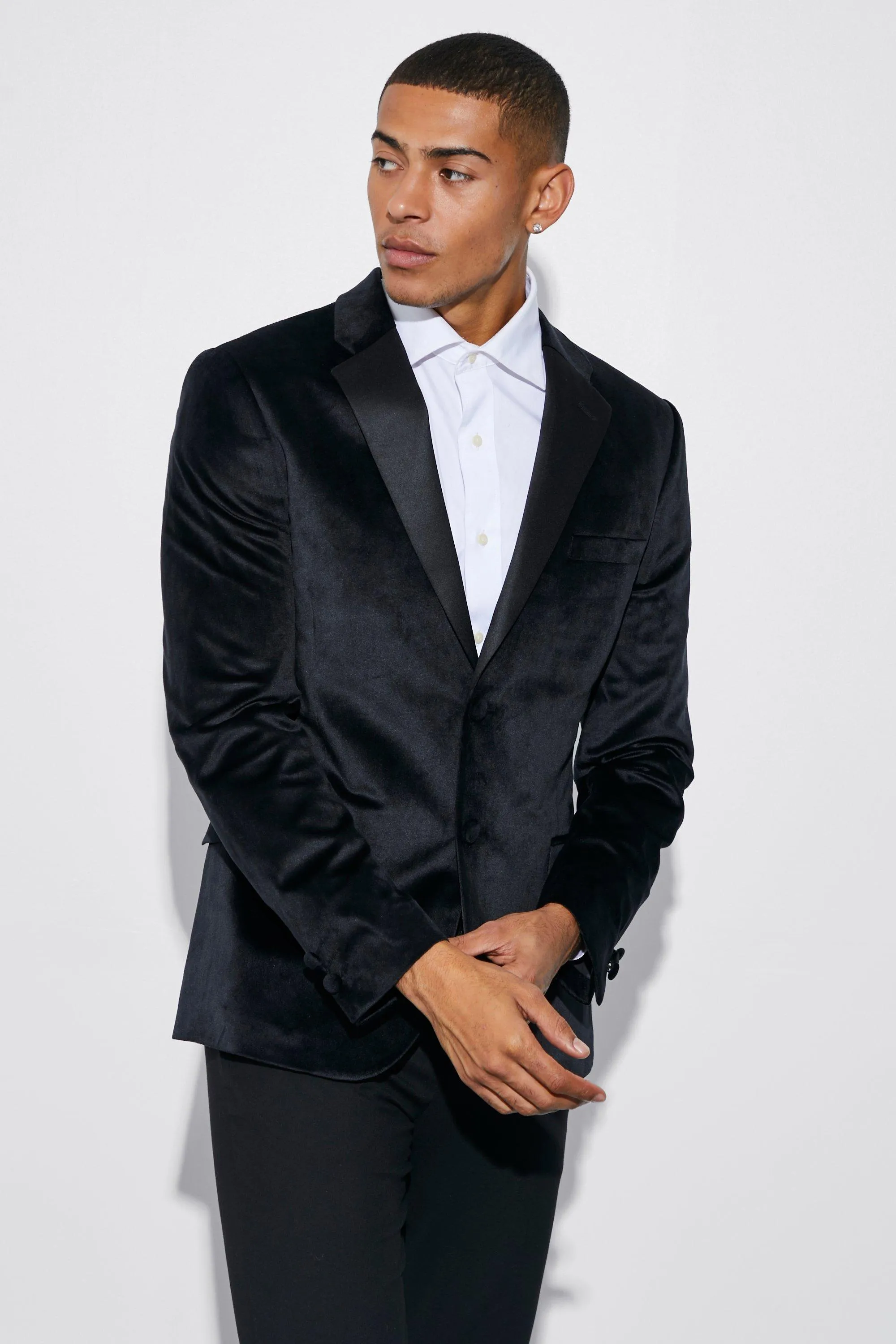 Skinny Velour Satin Lapel Suit Jacket