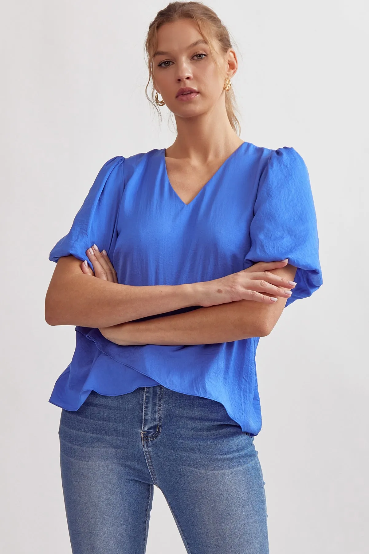 Solid V-Neck Puff Sleeve Short Sleeve Top