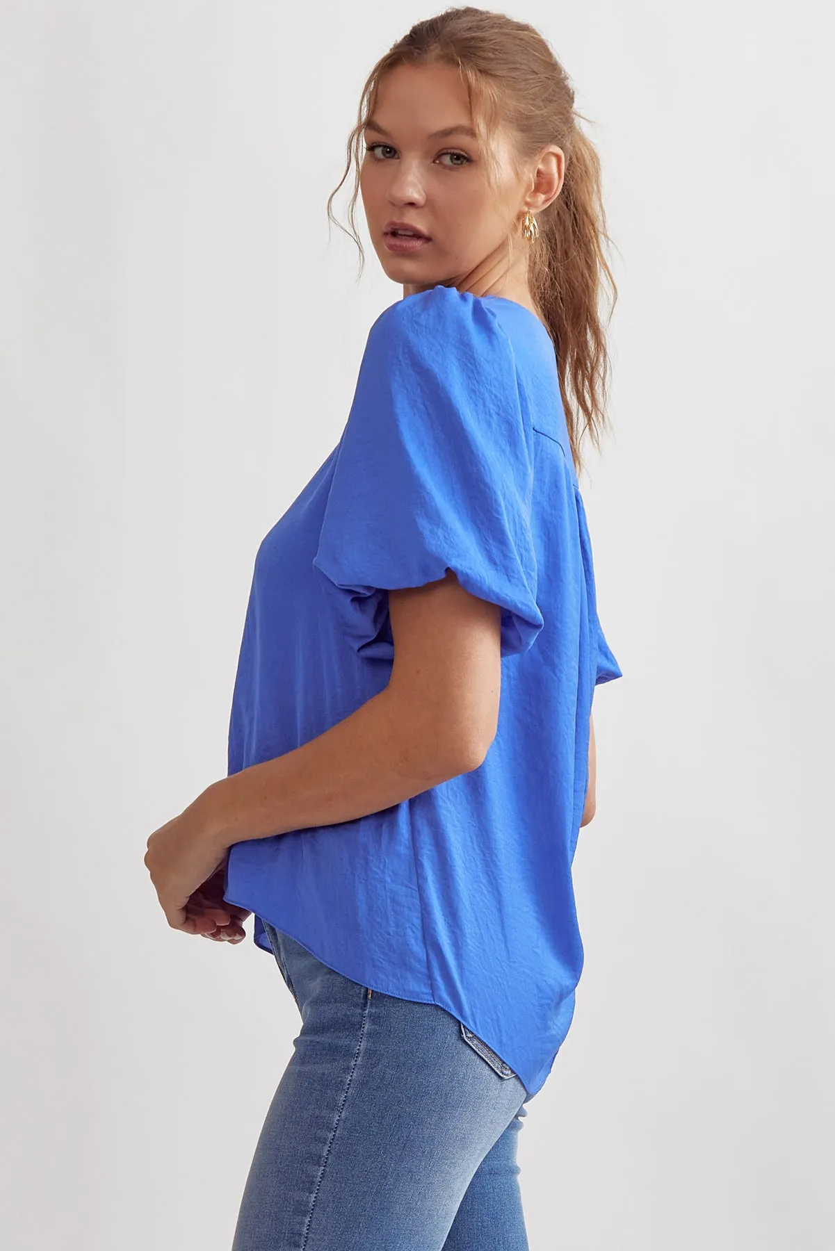 Solid V-Neck Puff Sleeve Short Sleeve Top