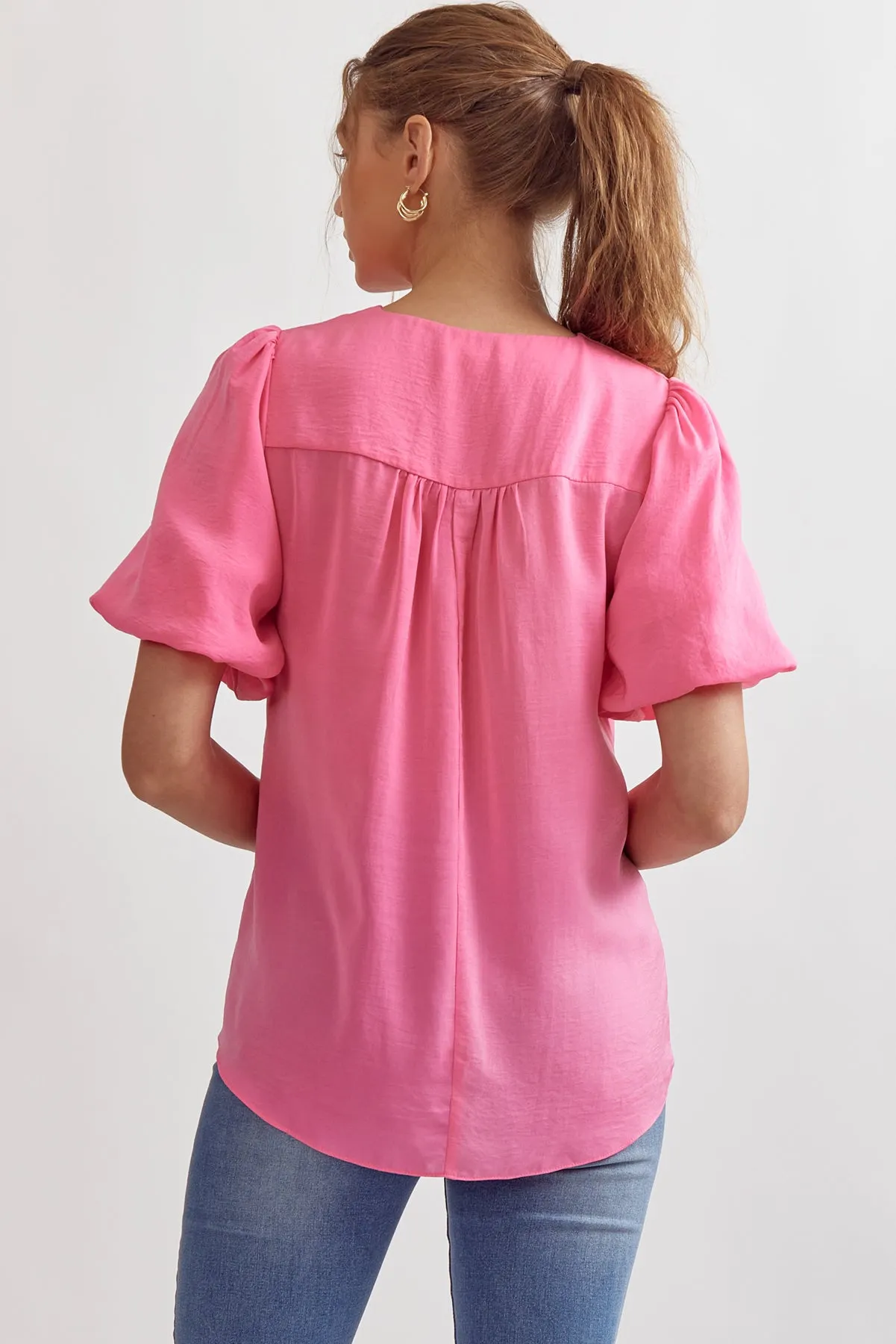 Solid V-Neck Puff Sleeve Short Sleeve Top