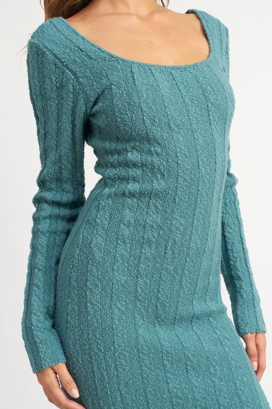 Square Neckline Ribbed Knit Midi Dress