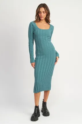 Square Neckline Ribbed Knit Midi Dress