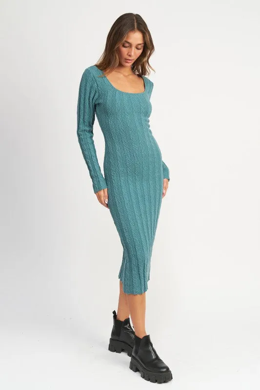 Square Neckline Ribbed Knit Midi Dress