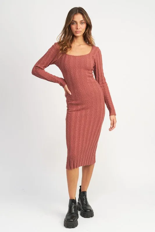 Square Neckline Ribbed Knit Midi Dress