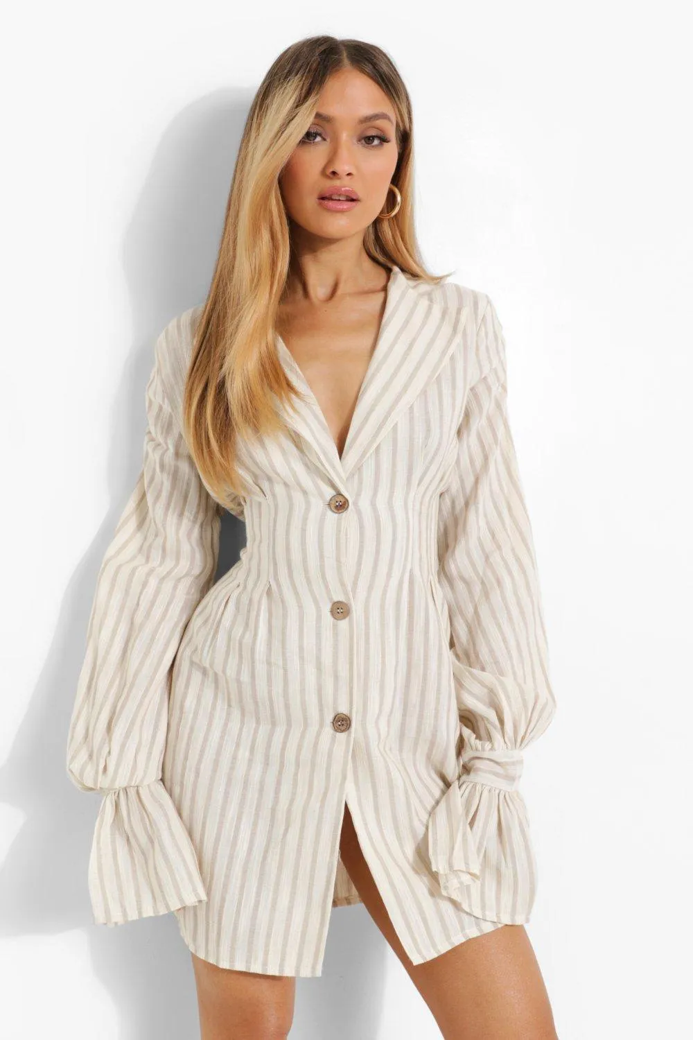 Stripe Linen Tie Cuff Blazer Dress