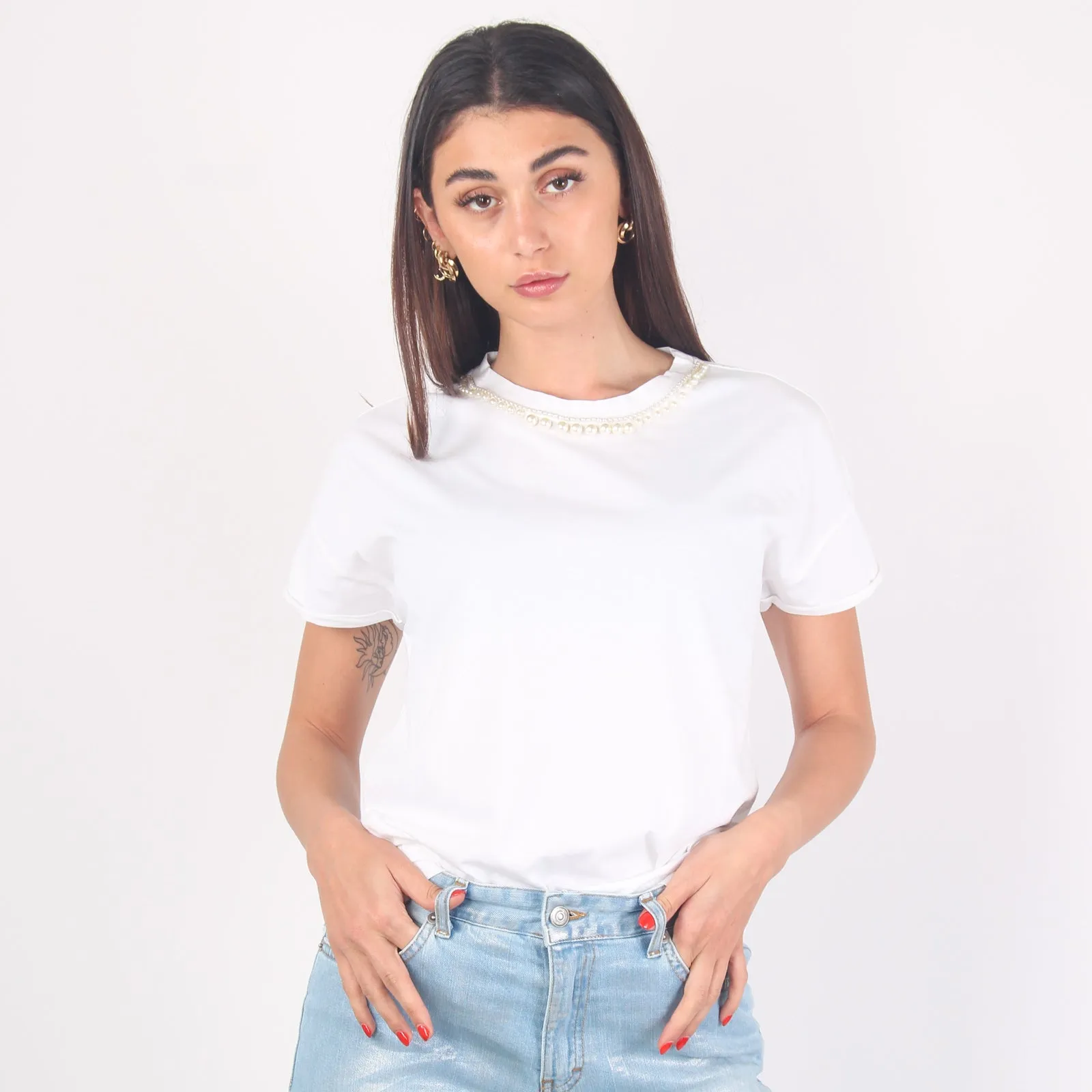 T-shirt Perle Collo Bianco